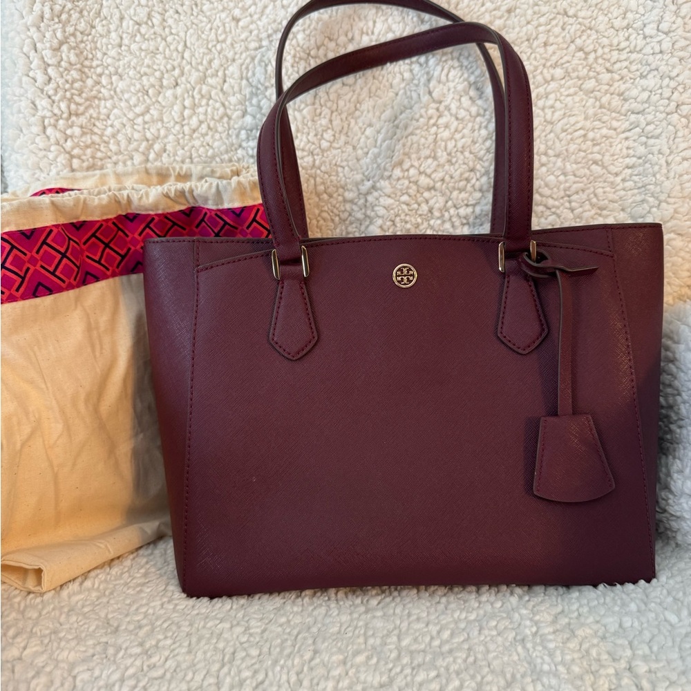 Tory Burch Port Wine Tote Bag - Robinson Medium Leather Tote